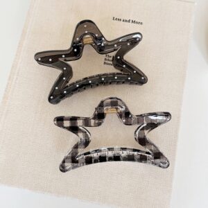 Large hollow star hair claw clip, black polka dot & plaid print PC plastic shark claw for half up hairstyle