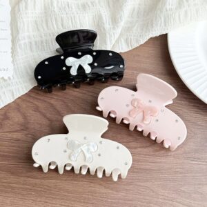 Gloss solid bow rhinestone hair claw clip 3 colors, mother of pearl bow daily commuting shark claw for long hair