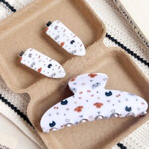 White base teddy dog bow print glossy hair clips set, large shark claw clip + pair side bang alligator clips kawaii hair accessory