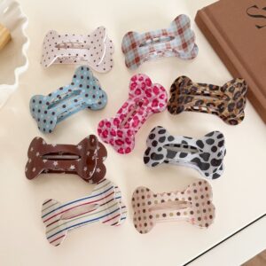 Bone shape flat acrylic duckbill hair clips 9 mixed prints, leopard plaid polka dot cow print non-scalp pressure hair accessory