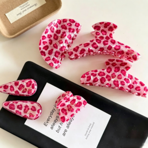 Pink leopard print acrylic hair claw clips 5 styles, large medium cloud claw bang clips set sweet cool y2k hair accessory