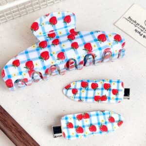 Blue white plaid strawberry print glossy hair clip set, large shark claw clip + 2pcs side bang alligator clips kawaii fruit hair accessory