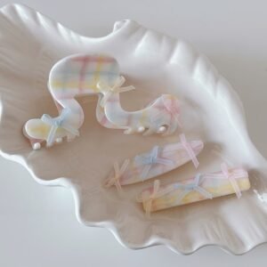Cream ballet plaid hair accessories with opaque acrylic and sheer bows