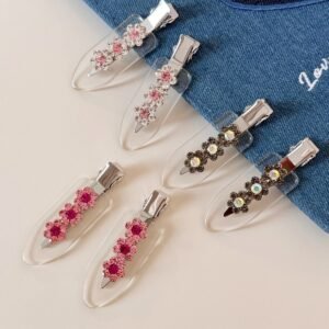 Y2K Korean floral rhinestone bang hair clips in pale pink, hot pink, smoky gray AB, clear transparent base crystal hair clips sold in pairs